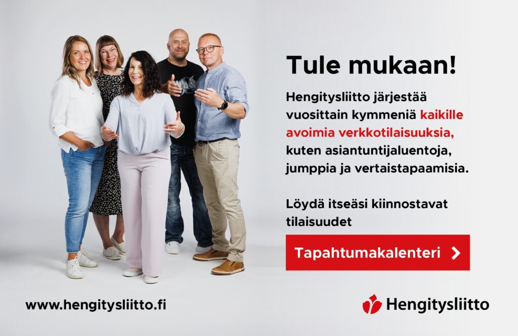 Tule mukaan! Hengitysliitto järjestää vuosittain kymmeniä kaikille avoimia verkkotilaisuuksia, kuten asiantuntijaluentoja, jumppia ja vertaistapaamisia. Löydä itseäsi kiinnostavat tilaisuudet.